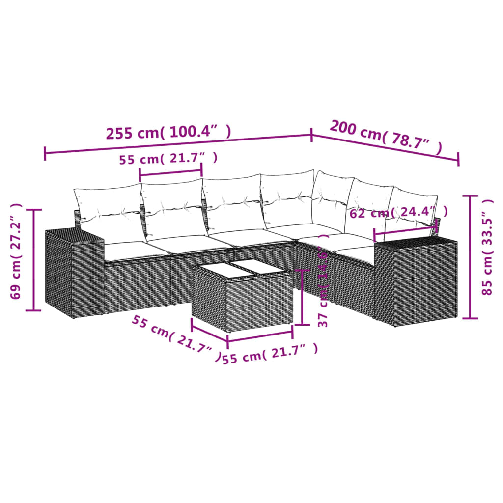 Ensemble de canapé de jardin 7 pcs avec coussins gris résine tressée