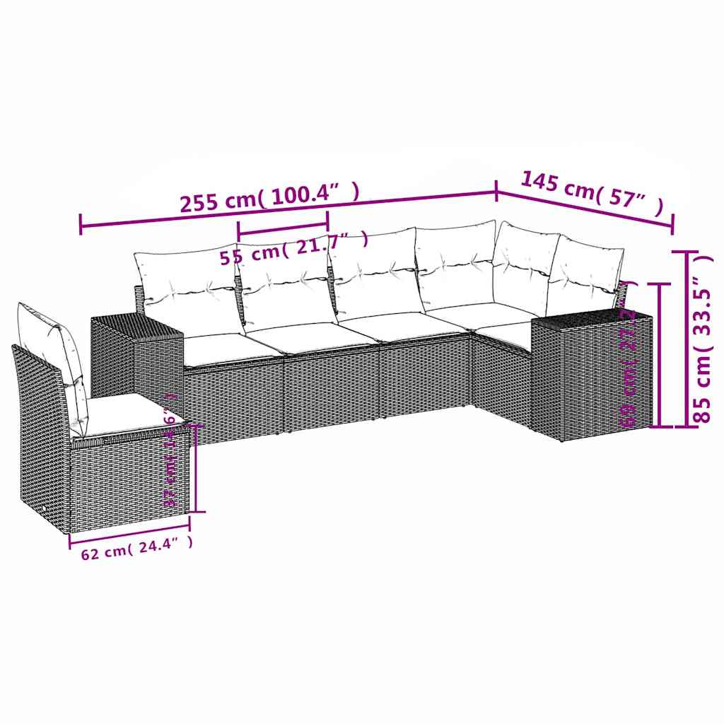 Salon de jardin 6 pcs avec coussins noir résine tressée