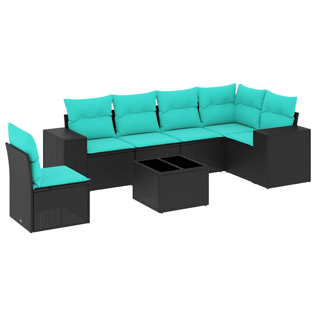Ensemble de canapé de jardin 7 pcs avec coussins noir résine tressée