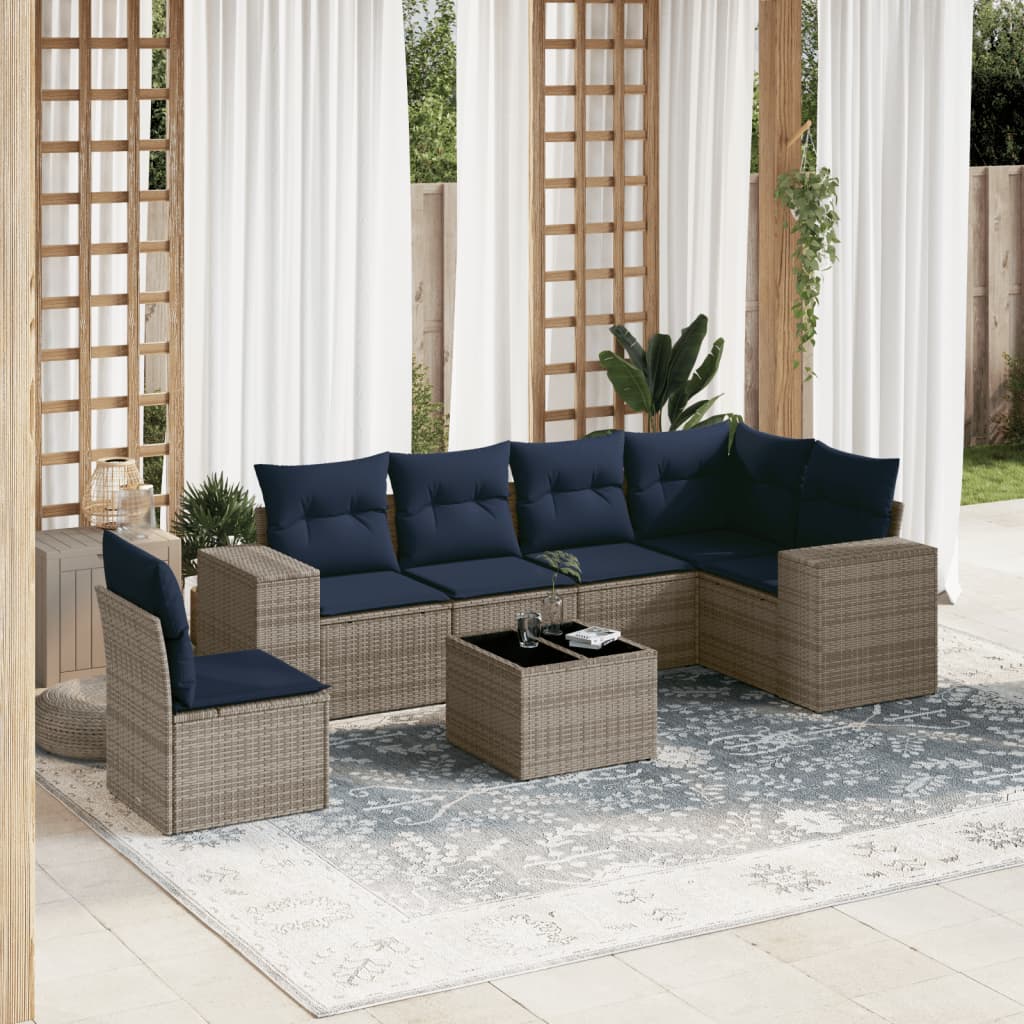 Ensemble de canapé de jardin 7 pcs avec coussins gris résine tressée