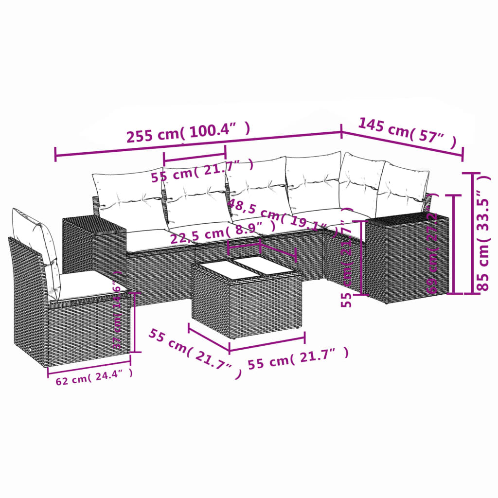 Ensemble de canapé de jardin 7 pcs avec coussins marron résine tressée