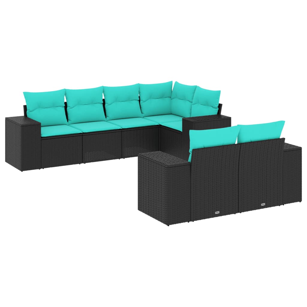 Salon de jardin 7 pcs avec coussins noir résine tressée