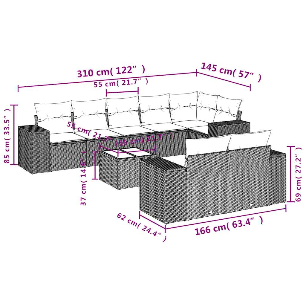 Ensemble de canapé de jardin 9 pcs avec coussins gris résine tressée