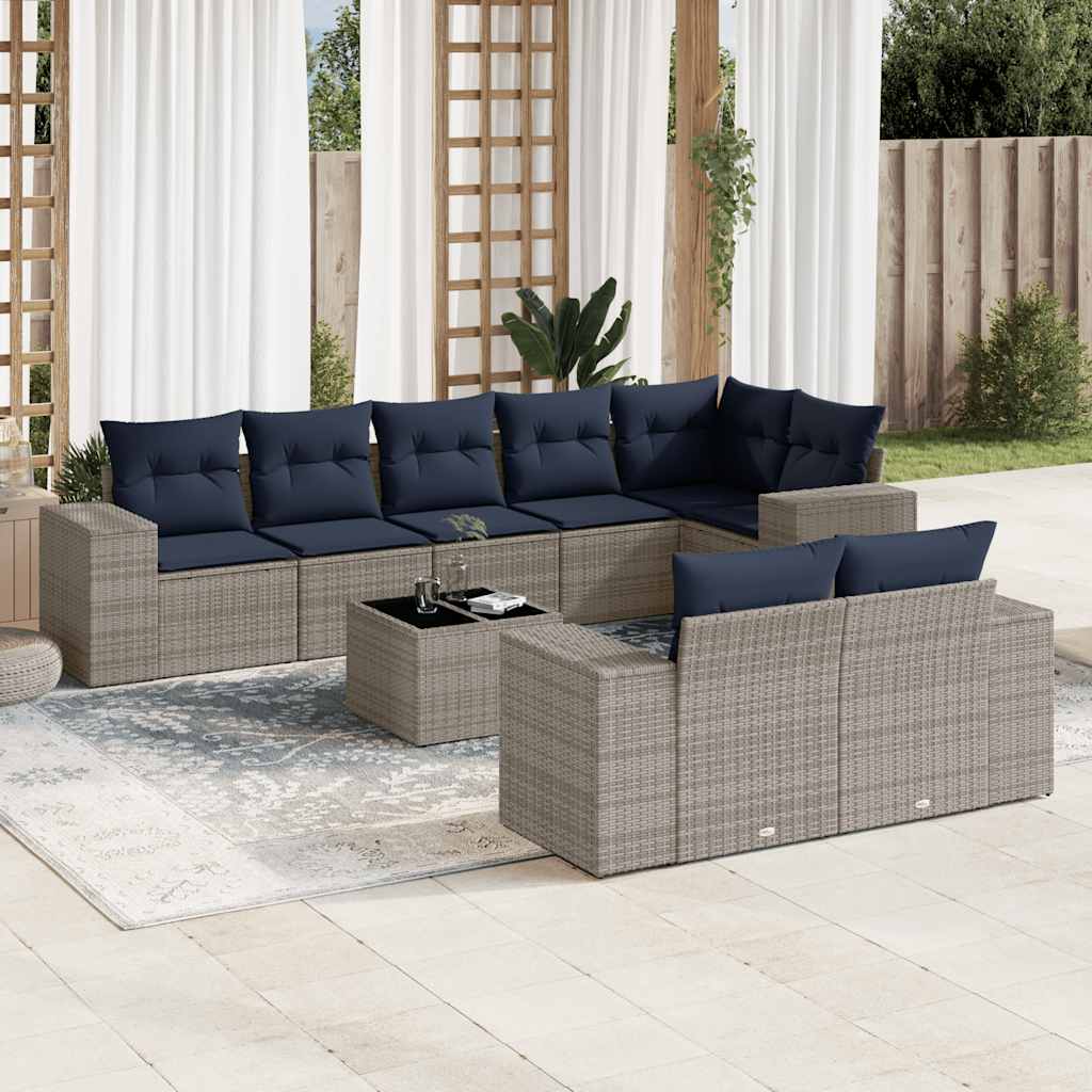 Ensemble de canapé de jardin 9 pcs avec coussins gris résine tressée