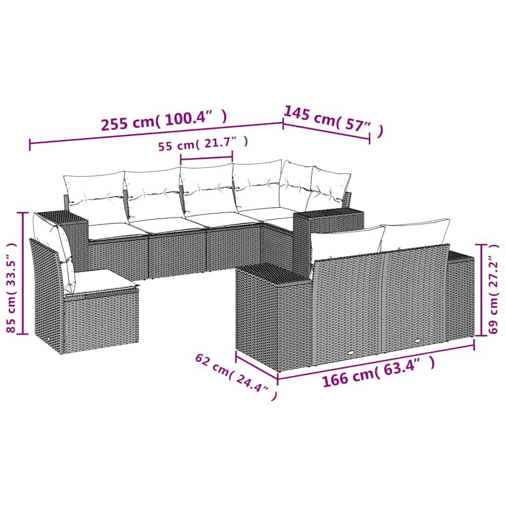Ensemble de canapé de jardin 8 pcs avec coussins marron résine tressée