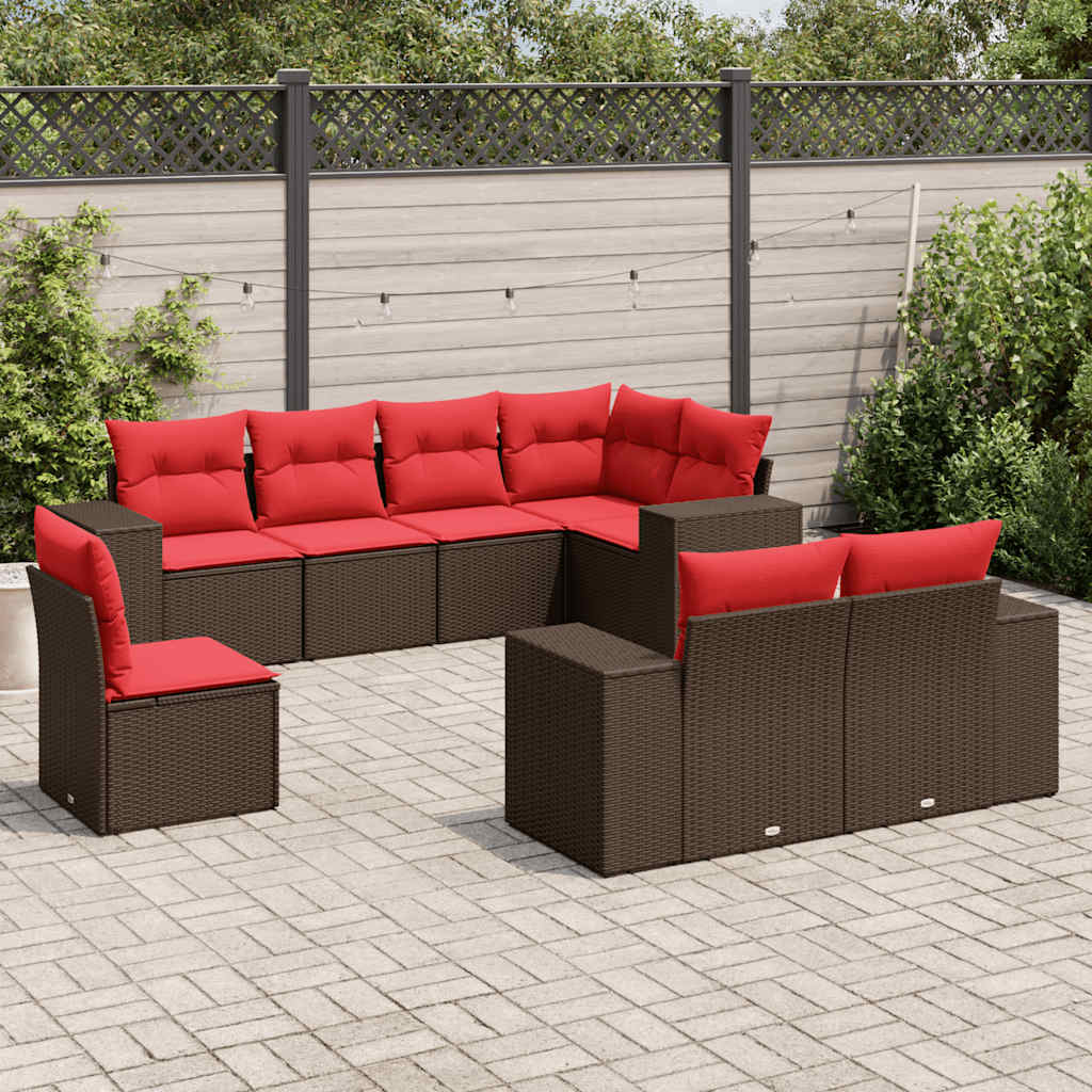 Ensemble de canapé de jardin 8 pcs avec coussins marron résine tressée