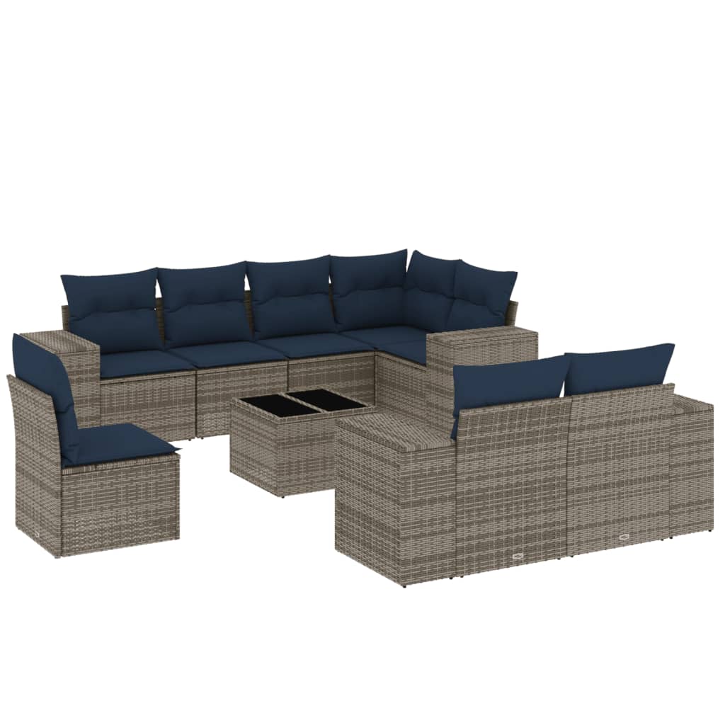 Ensemble de canapé de jardin 9 pcs avec coussins gris résine tressée