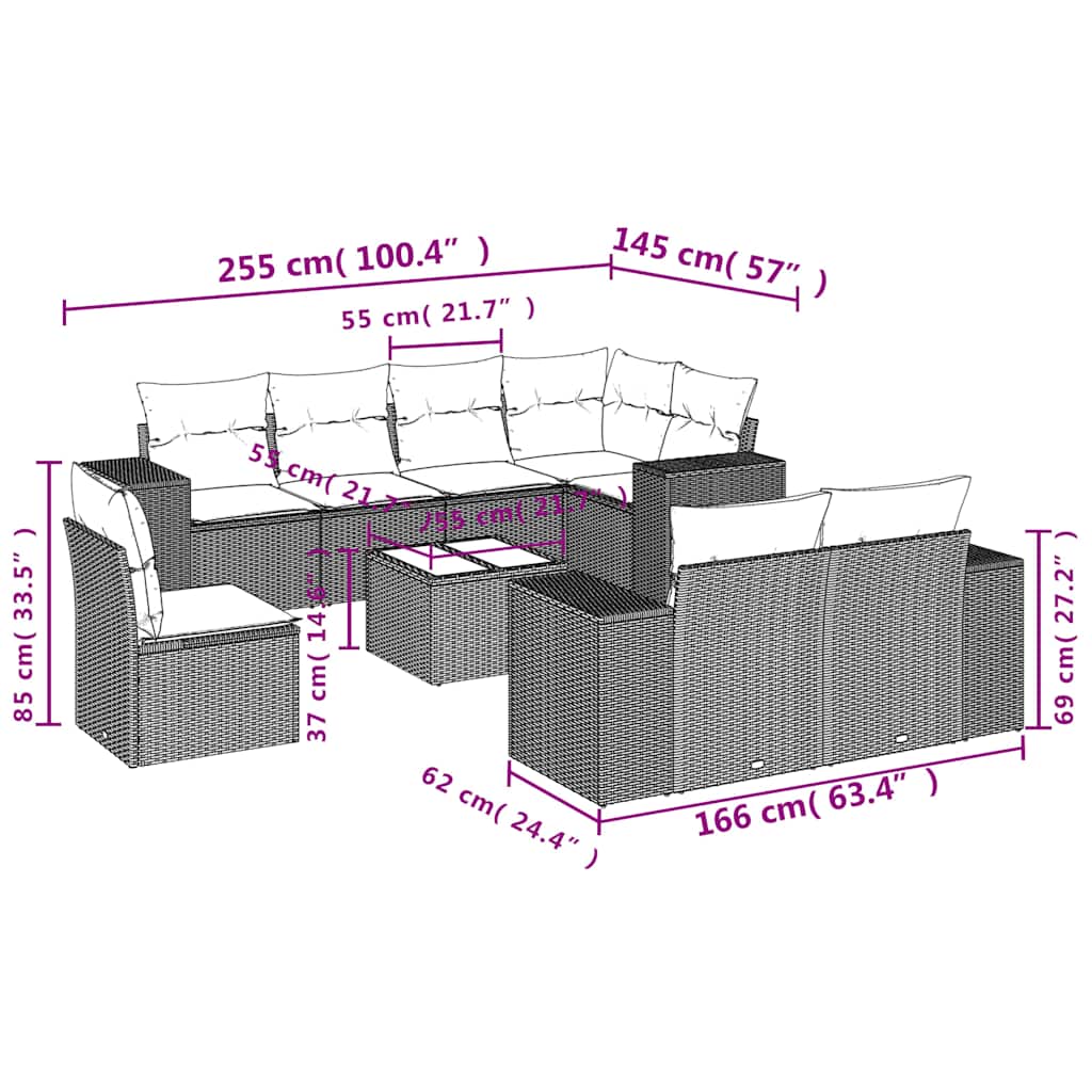 Ensemble de canapé de jardin 9 pcs avec coussins gris résine tressée
