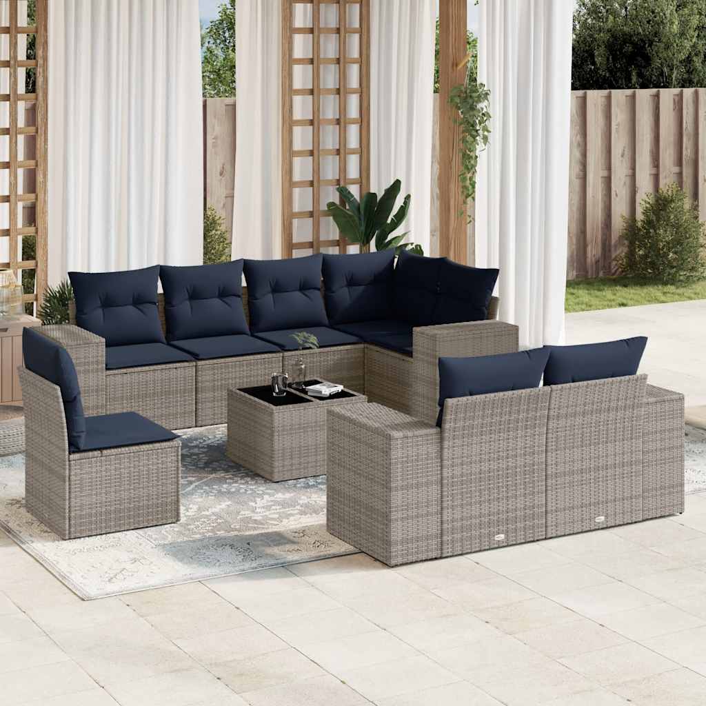 Ensemble de canapé de jardin 9 pcs avec coussins gris résine tressée
