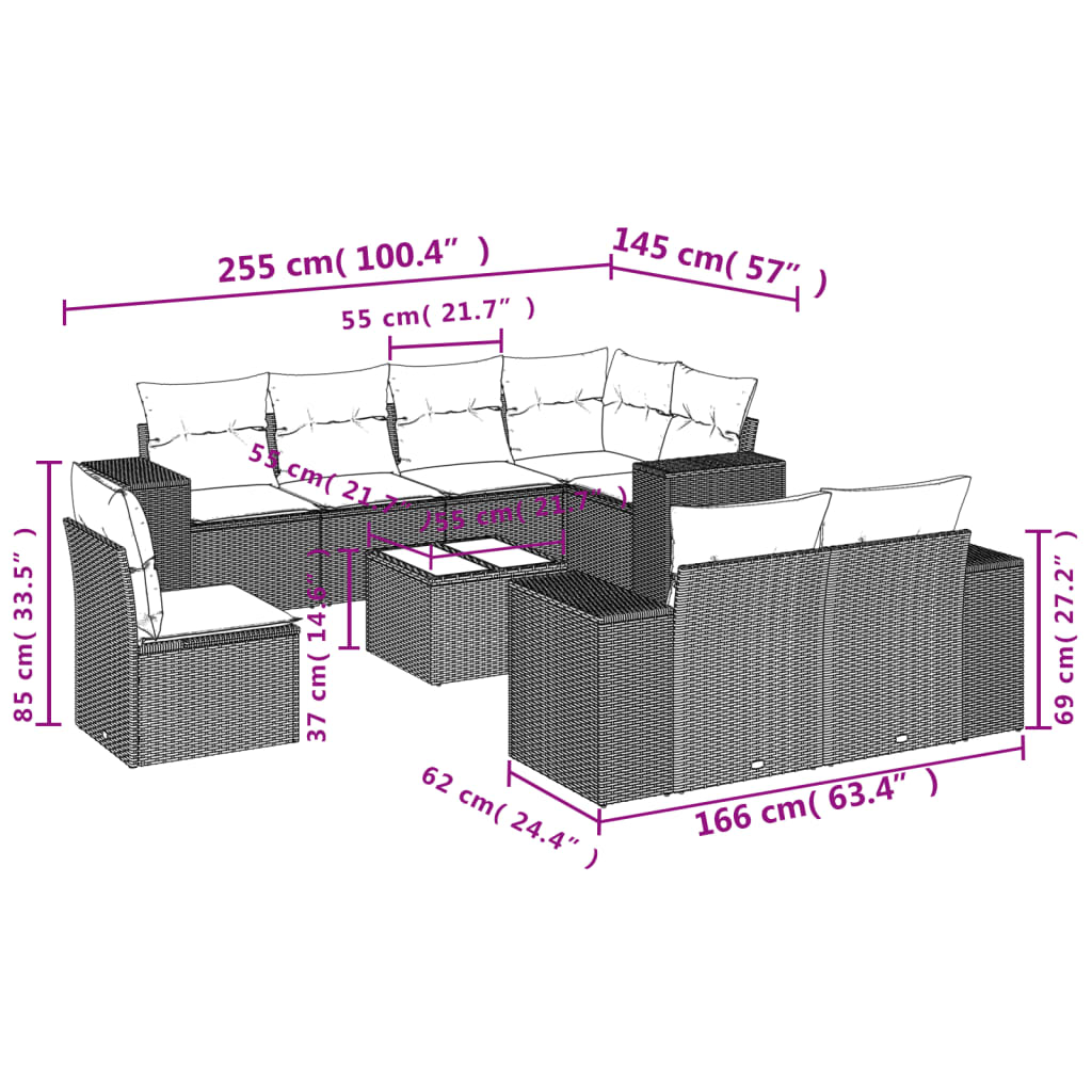 Ensemble de canapé de jardin 9 pcs avec coussins marron résine tressée