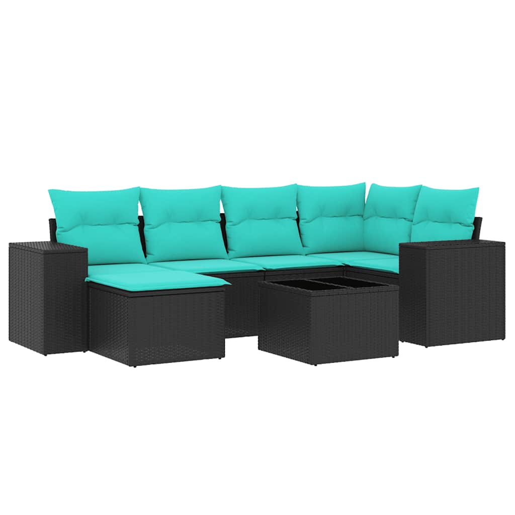 Ensemble de canapé de jardin 7 pcs avec coussins noir résine tressée