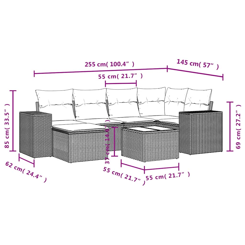 Ensemble de canapé de jardin 7 pcs avec coussins gris résine tressée
