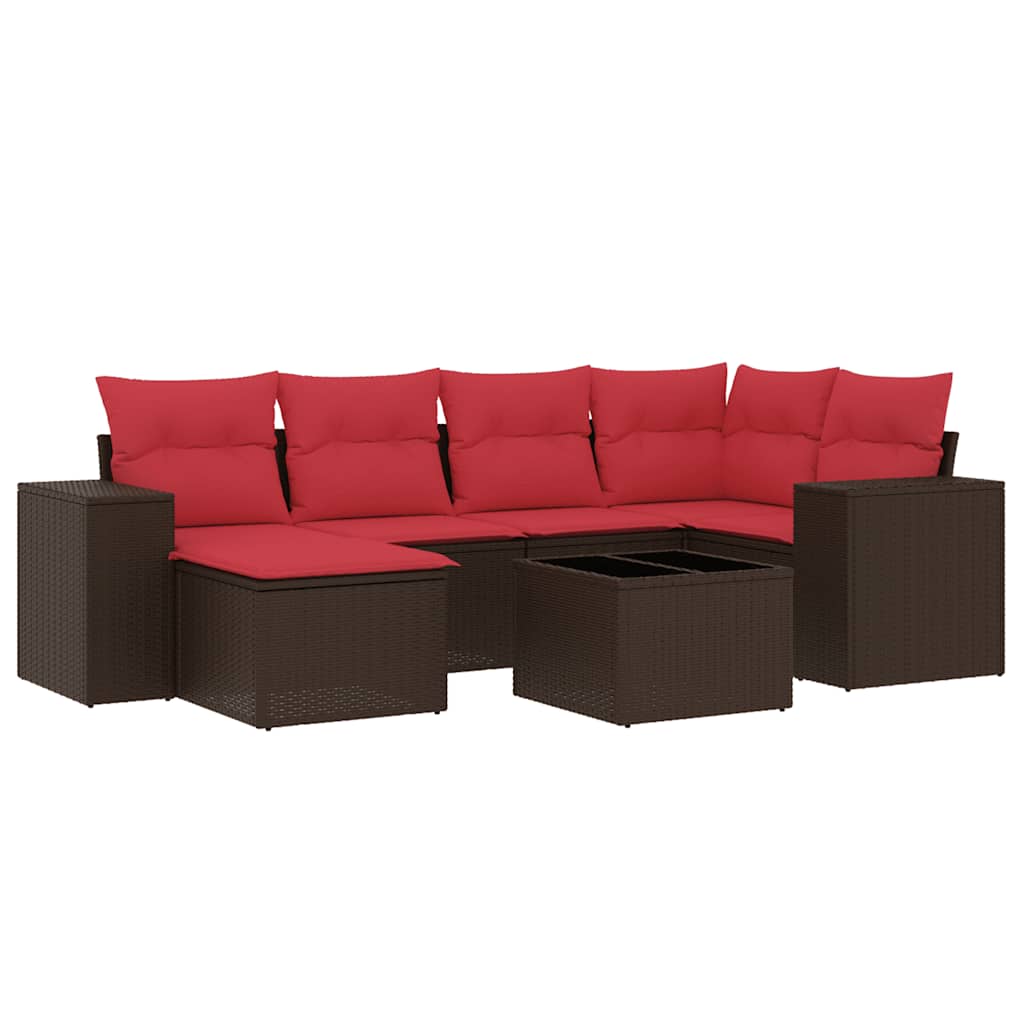 Ensemble de canapé de jardin 7 pcs avec coussins marron résine tressée