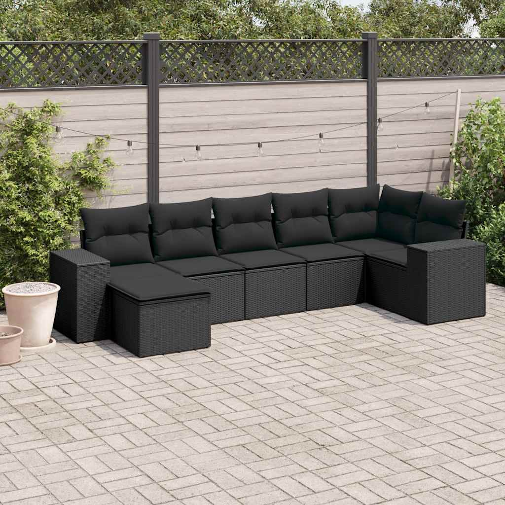 Salon de jardin 7 pcs avec coussins noir résine tressée