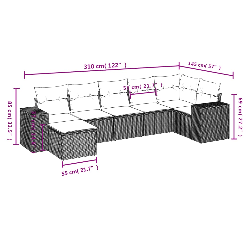 Ensemble de canapé de jardin 7 pcs avec coussins marron résine tressée