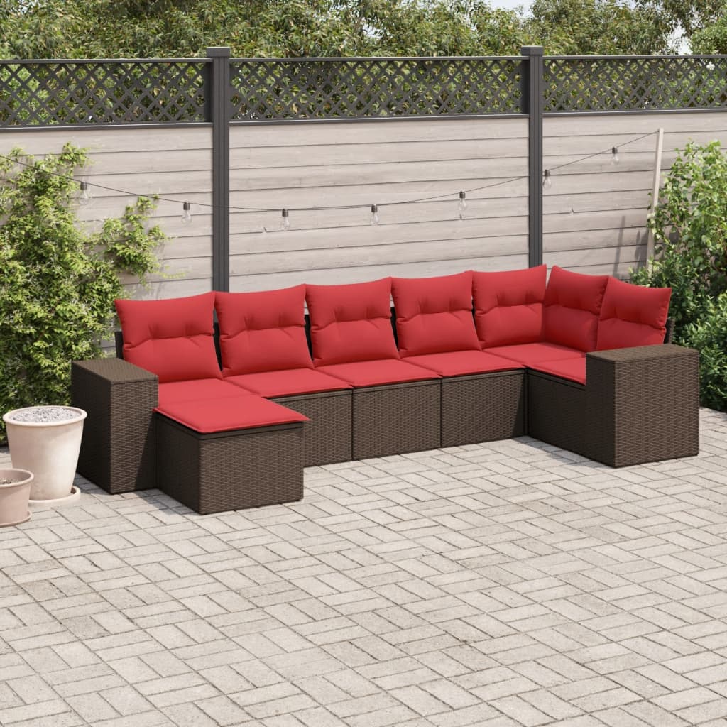 Ensemble de canapé de jardin 7 pcs avec coussins marron résine tressée