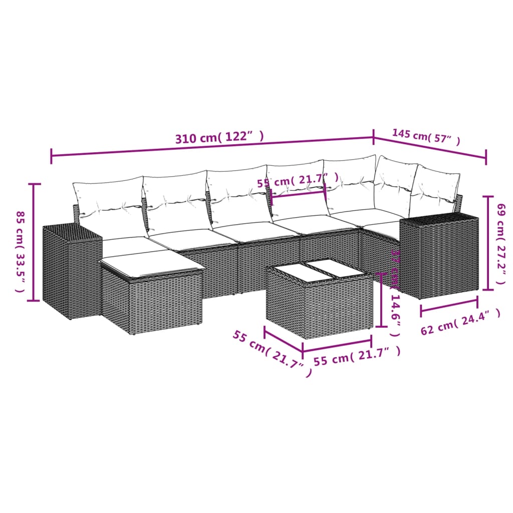 Ensemble de canapé de jardin 8 pcs avec coussins gris résine tressée