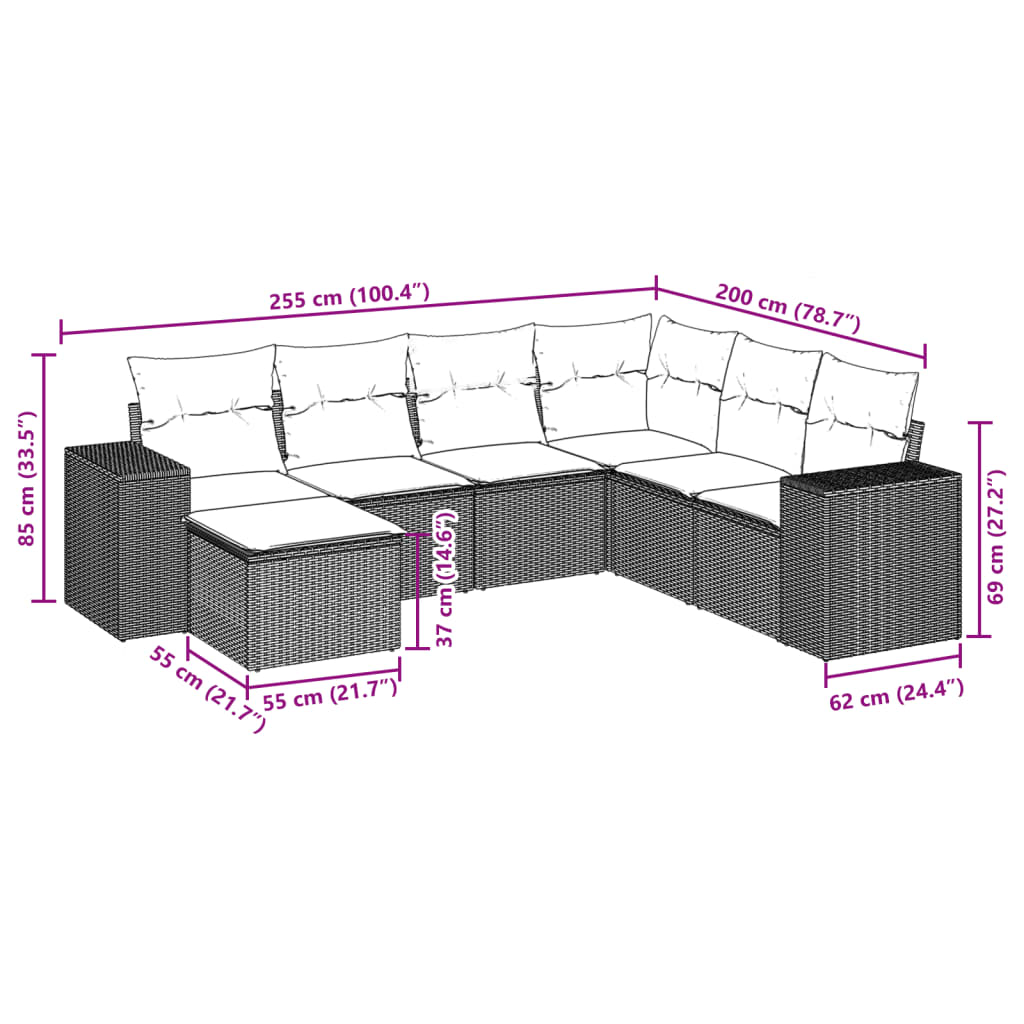 Salon de jardin 7 pcs avec coussins noir résine tressée