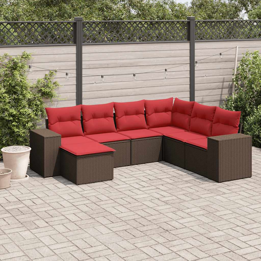 Ensemble de canapé de jardin 7 pcs avec coussins marron résine tressée