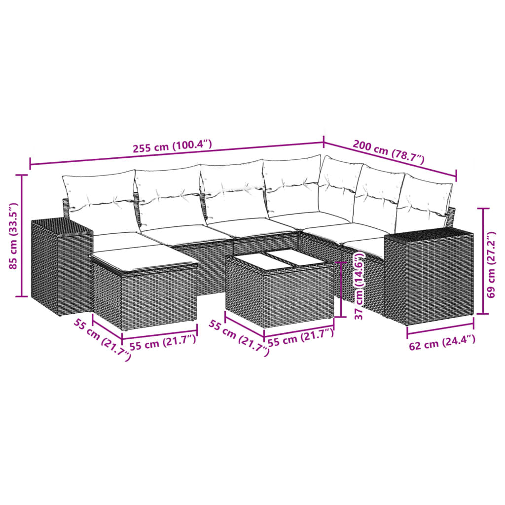 Ensemble de canapé de jardin 8 pcs avec coussins gris résine tressée