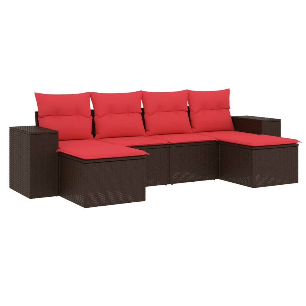 Ensemble de canapé de jardin 6 pcs avec coussins marron résine tressée