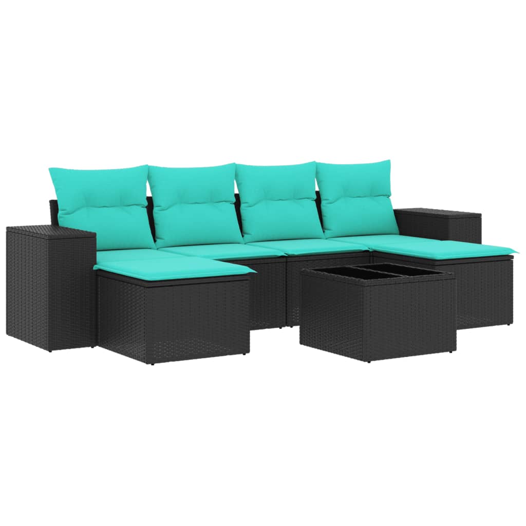 Ensemble de canapé de jardin 7 pcs avec coussins noir résine tressée