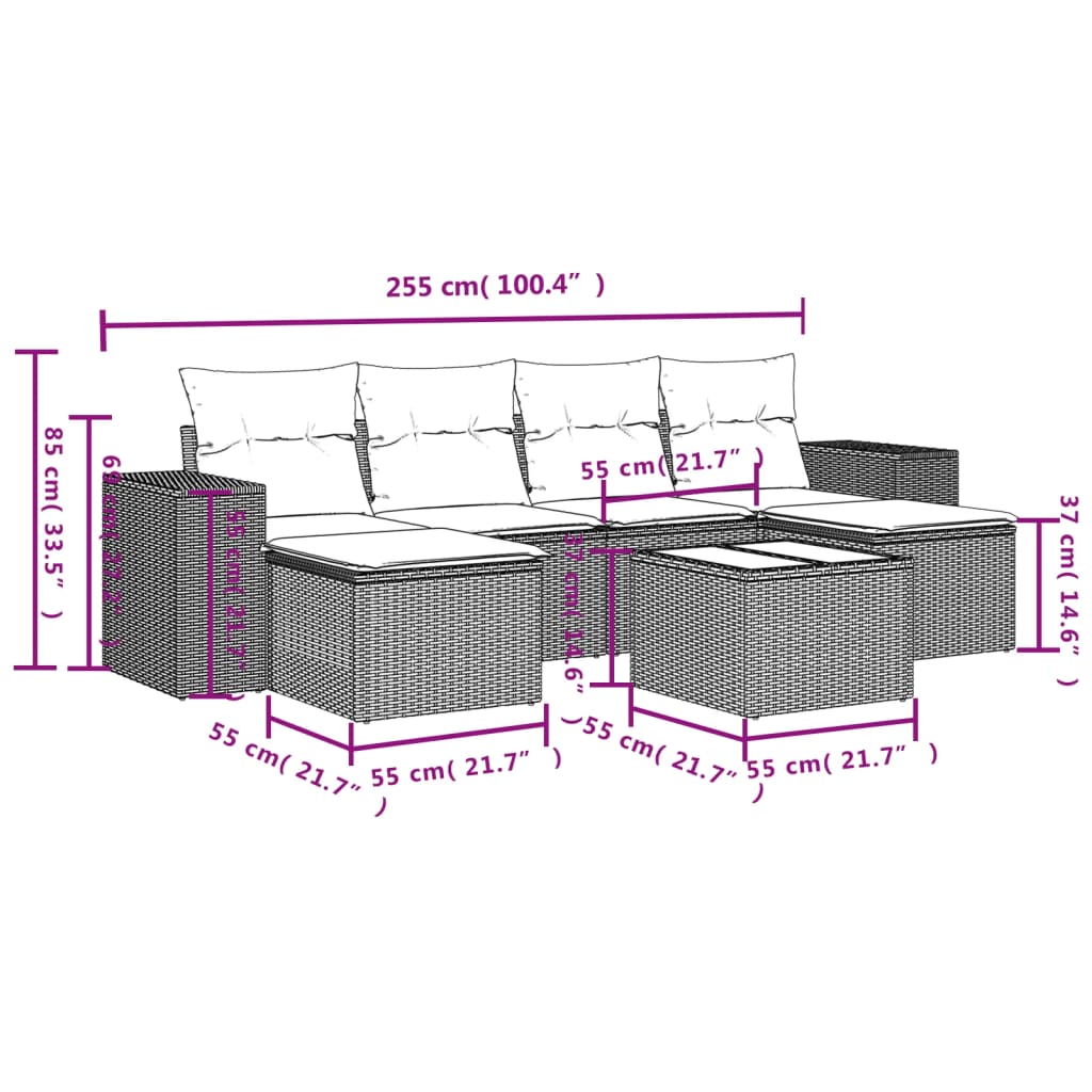 Ensemble de canapé de jardin 7 pcs avec coussins marron résine tressée