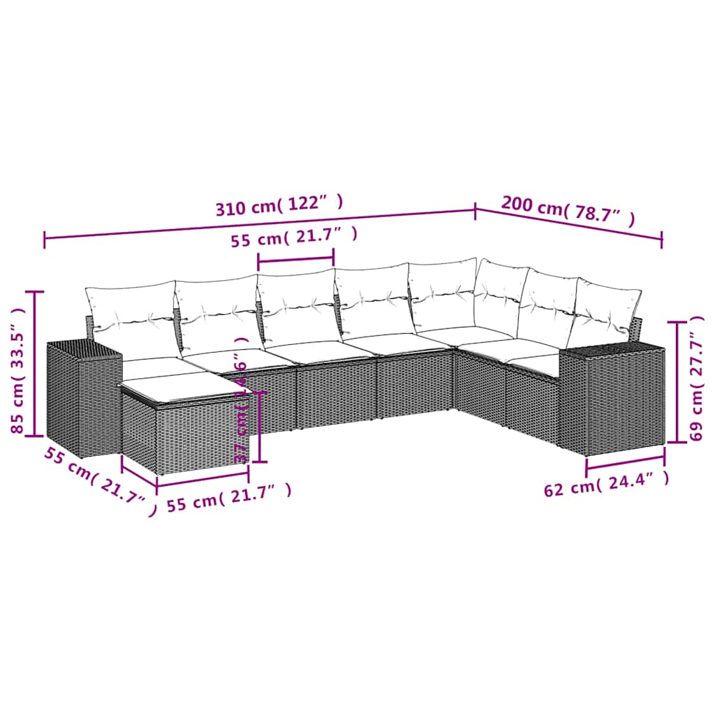 Ensemble de canapé de jardin 8 pcs avec coussins gris résine tressée