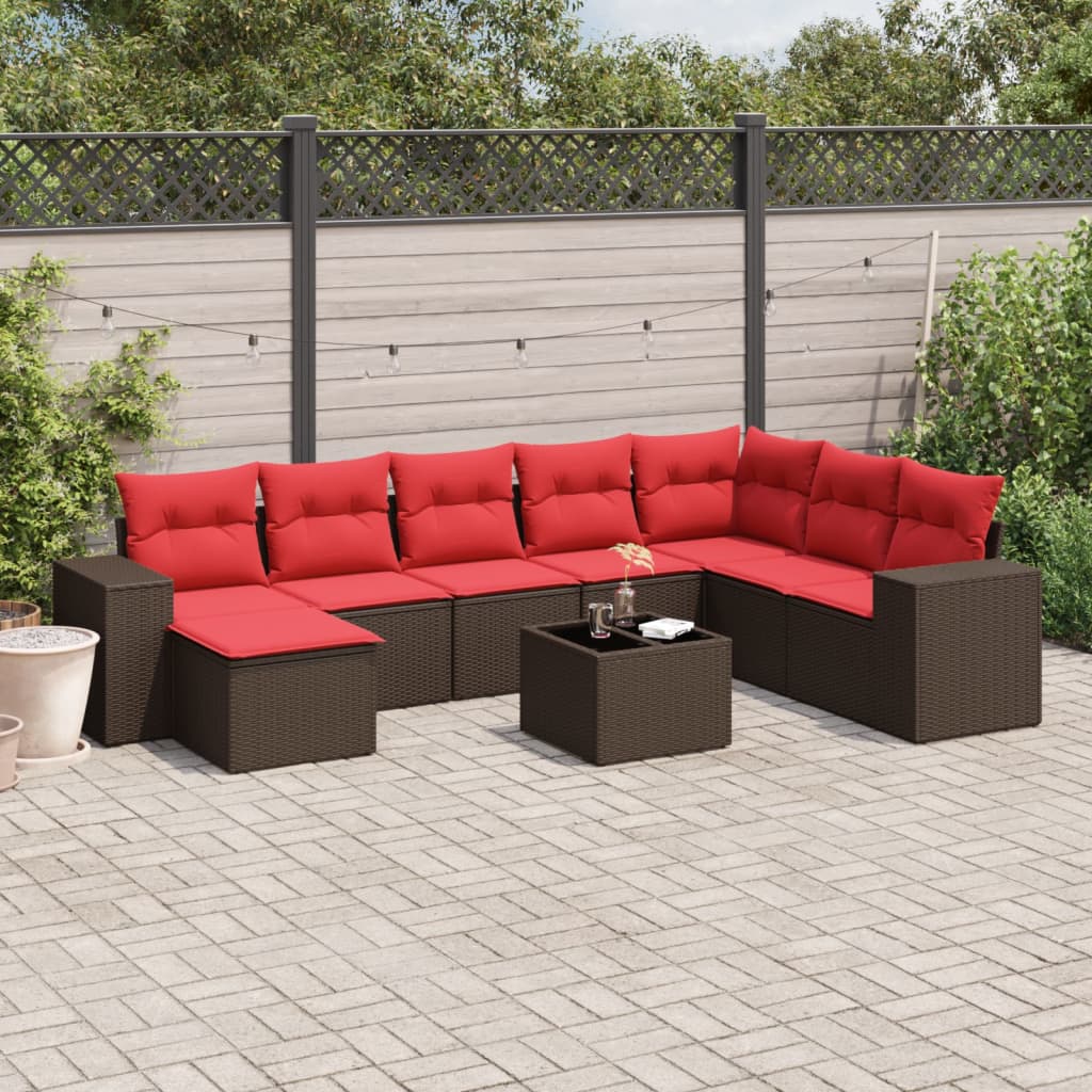Ensemble de canapé de jardin 9 pcs avec coussins marron résine tressée