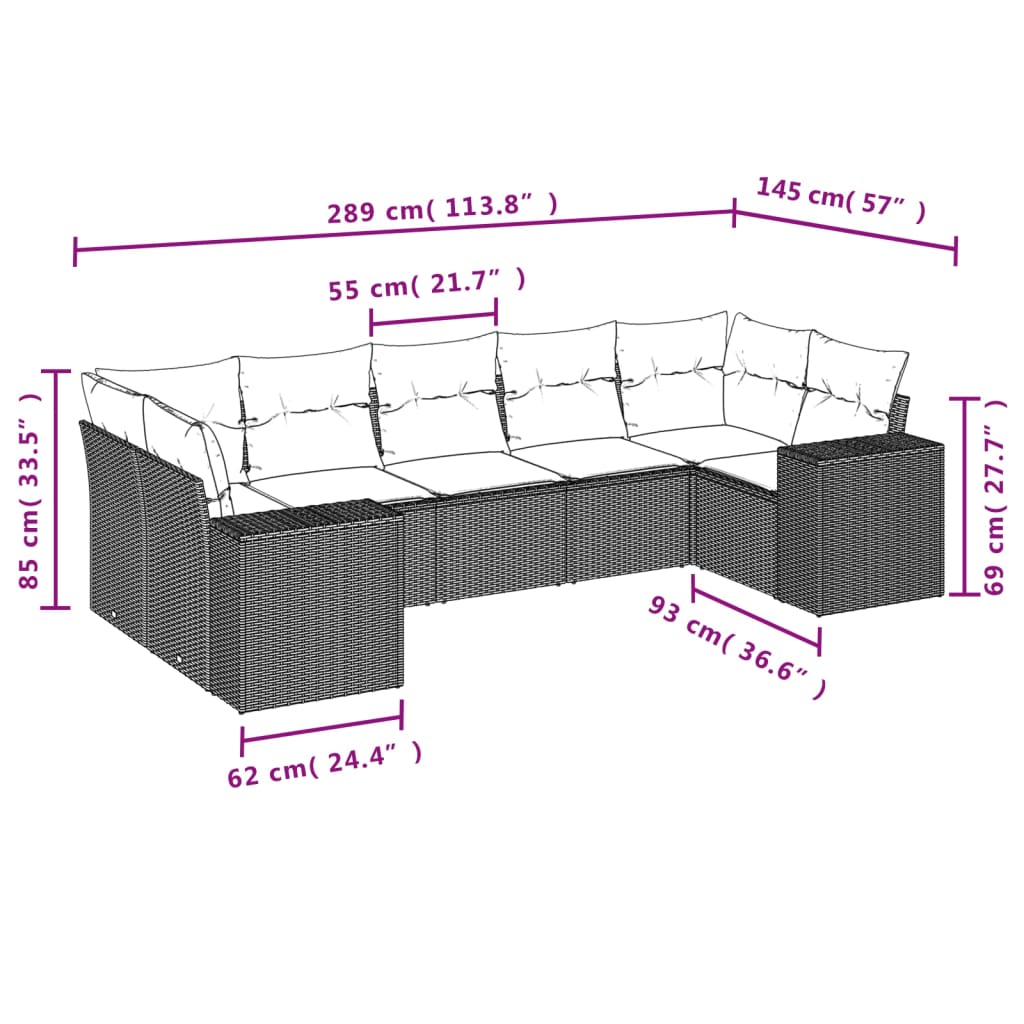 Ensemble de canapé de jardin 7 pcs avec coussins gris résine tressée