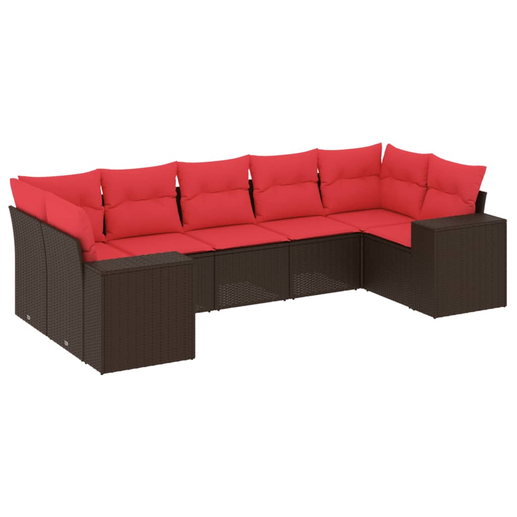 Ensemble de canapé de jardin 7 pcs avec coussins marron résine tressée