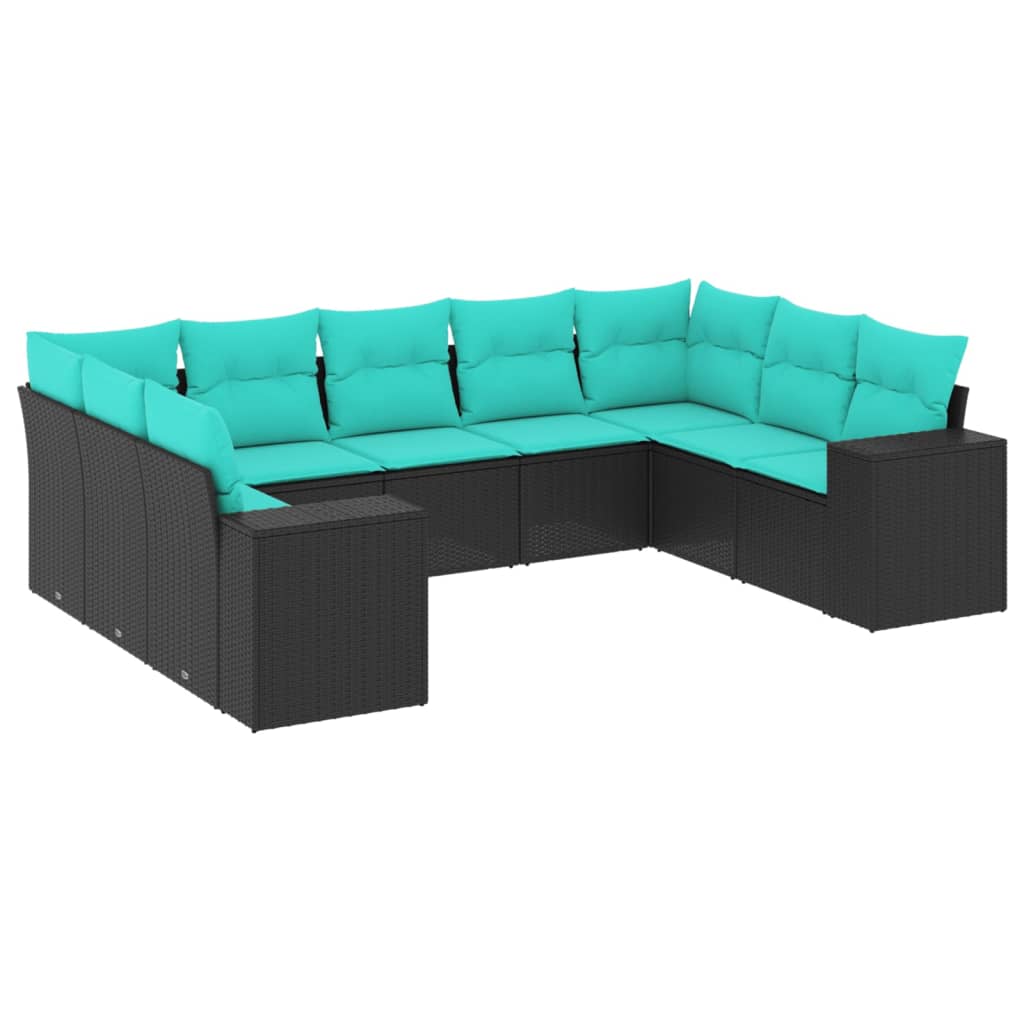 Salon de jardin 9 pcs avec coussins noir résine tressée