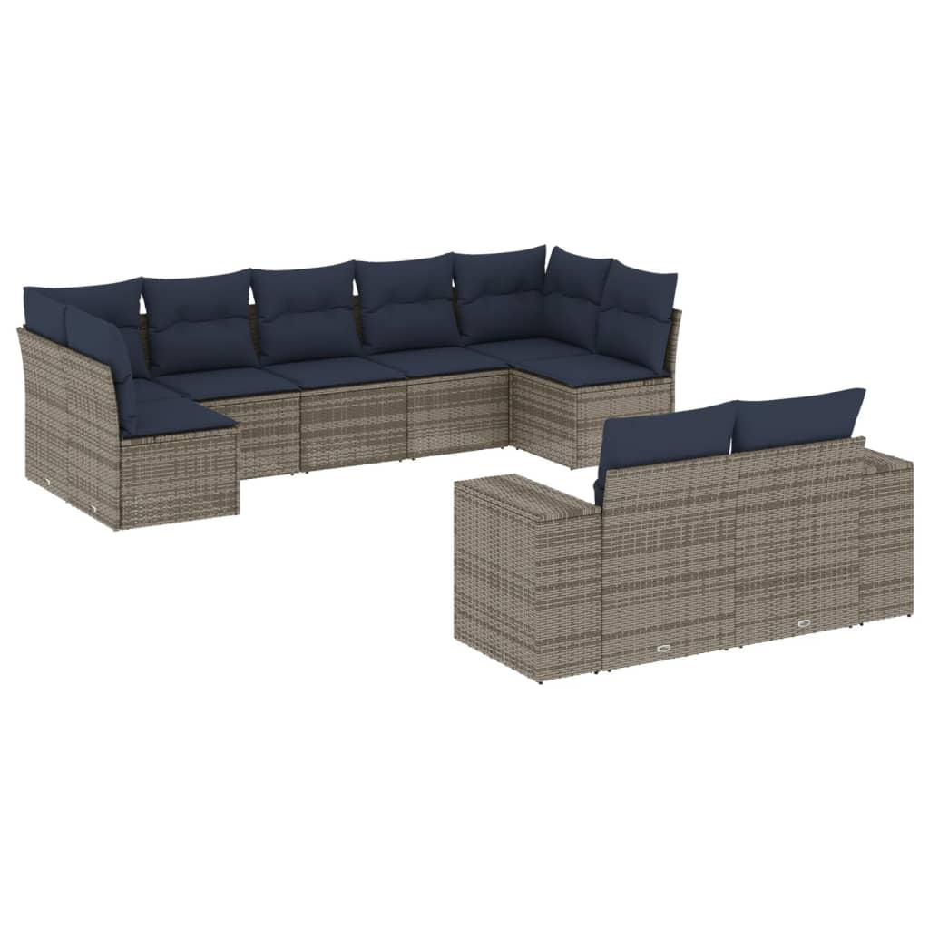 Ensemble de canapé de jardin 9 pcs avec coussins gris résine tressée