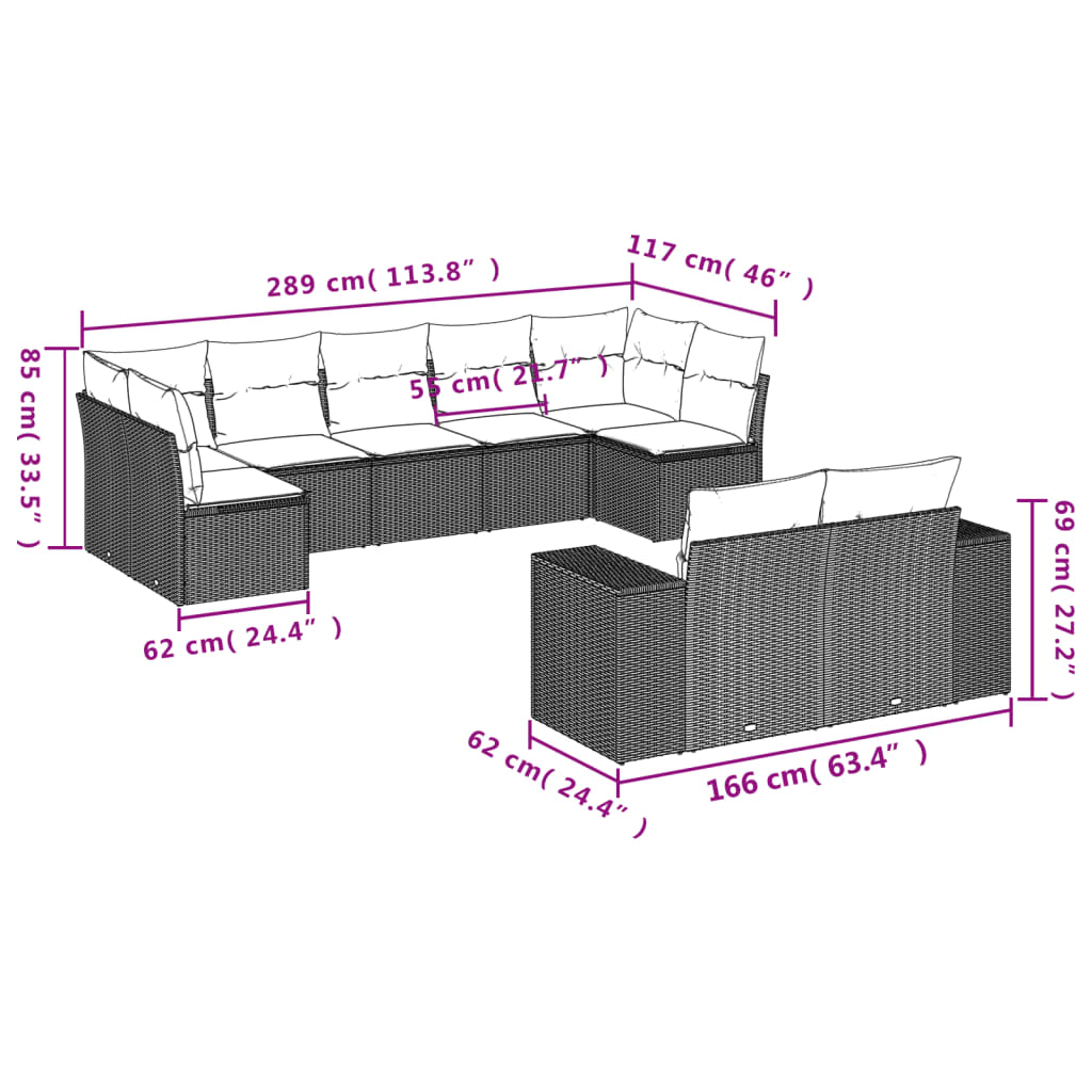 Ensemble de canapé de jardin 9 pcs avec coussins marron résine tressée