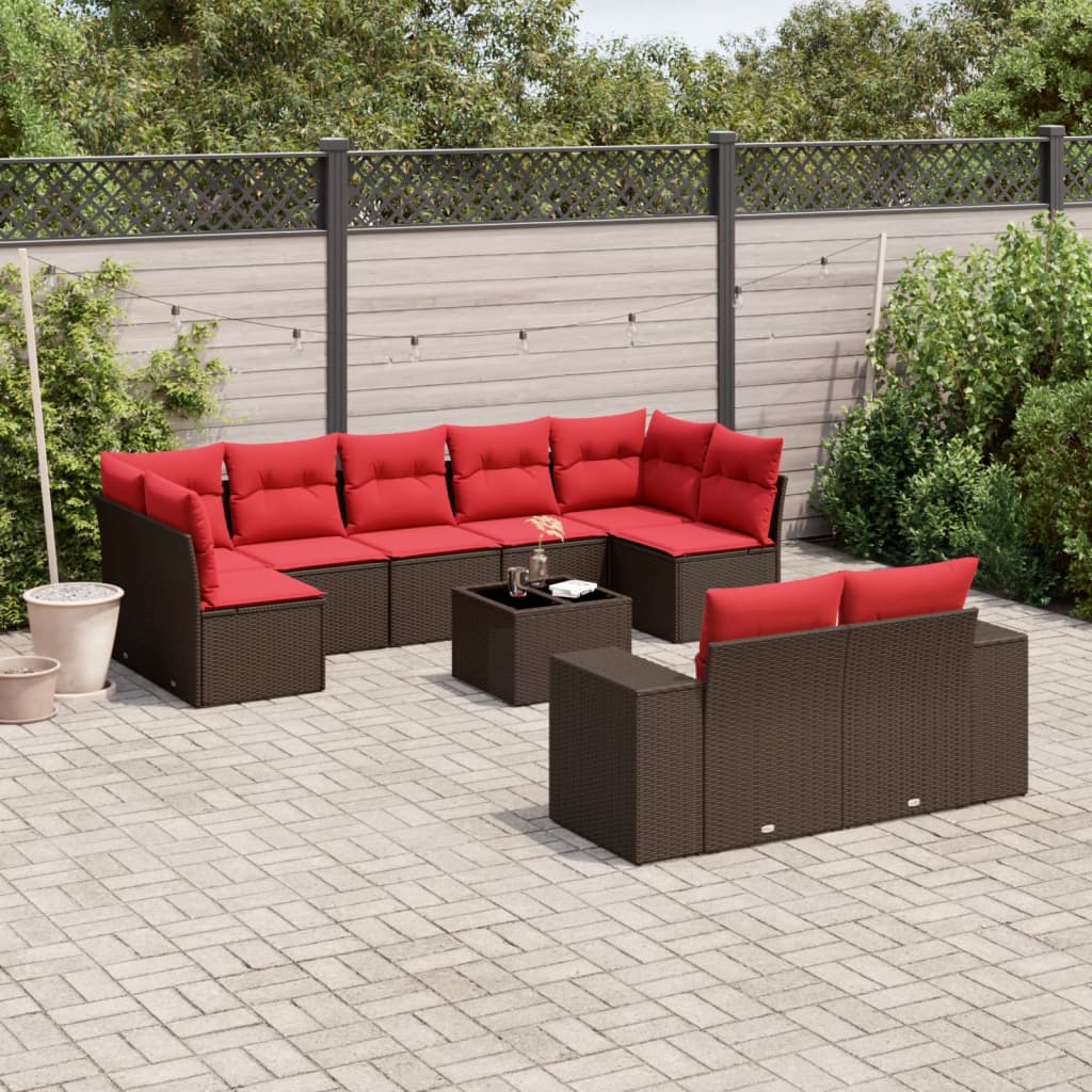 Ensemble de canapé de jardin 10 pcs avec coussins marron résine tressée