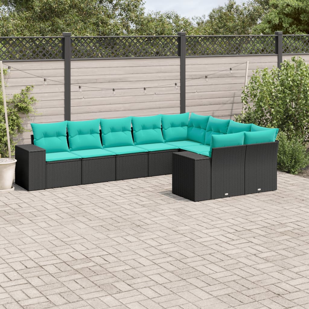 Salon de jardin 9 pcs avec coussins noir résine tressée