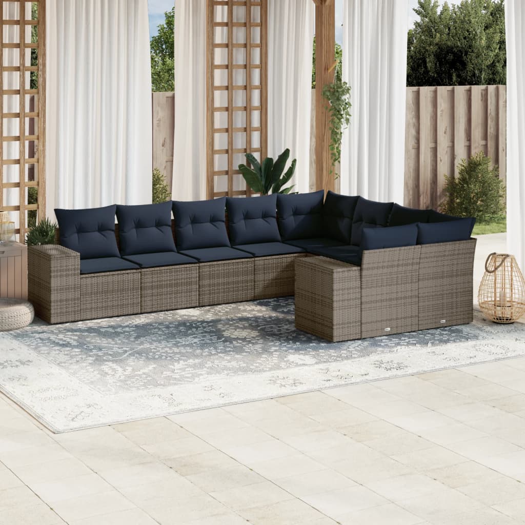 Ensemble de canapé de jardin 9 pcs avec coussins gris résine tressée