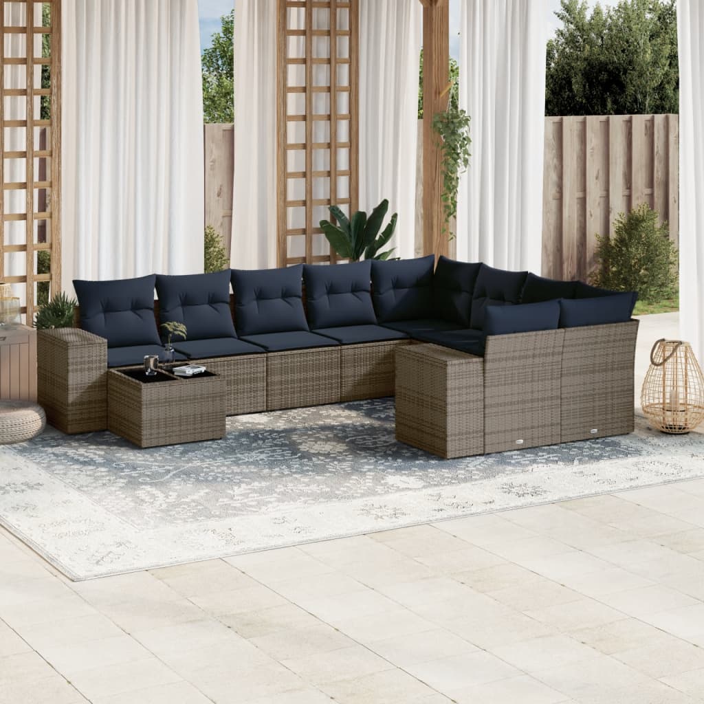 Ensemble de canapé de jardin 10 pcs avec coussins gris résine tressée