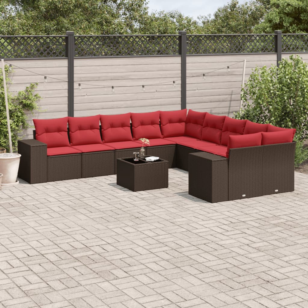 Ensemble de canapé de jardin 11 pcs avec coussins marron résine tressée