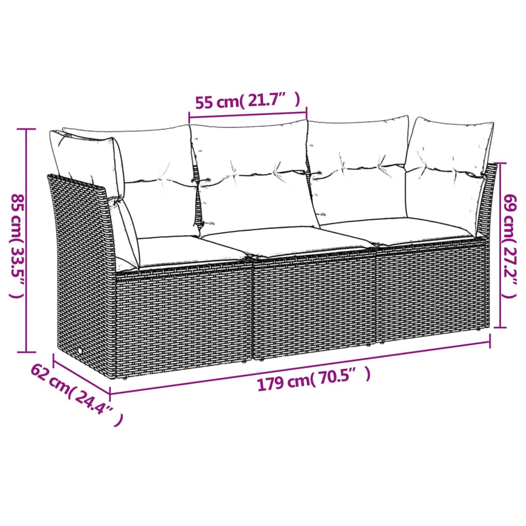 Salon de jardin 3 pcs avec coussins noir résine tressée