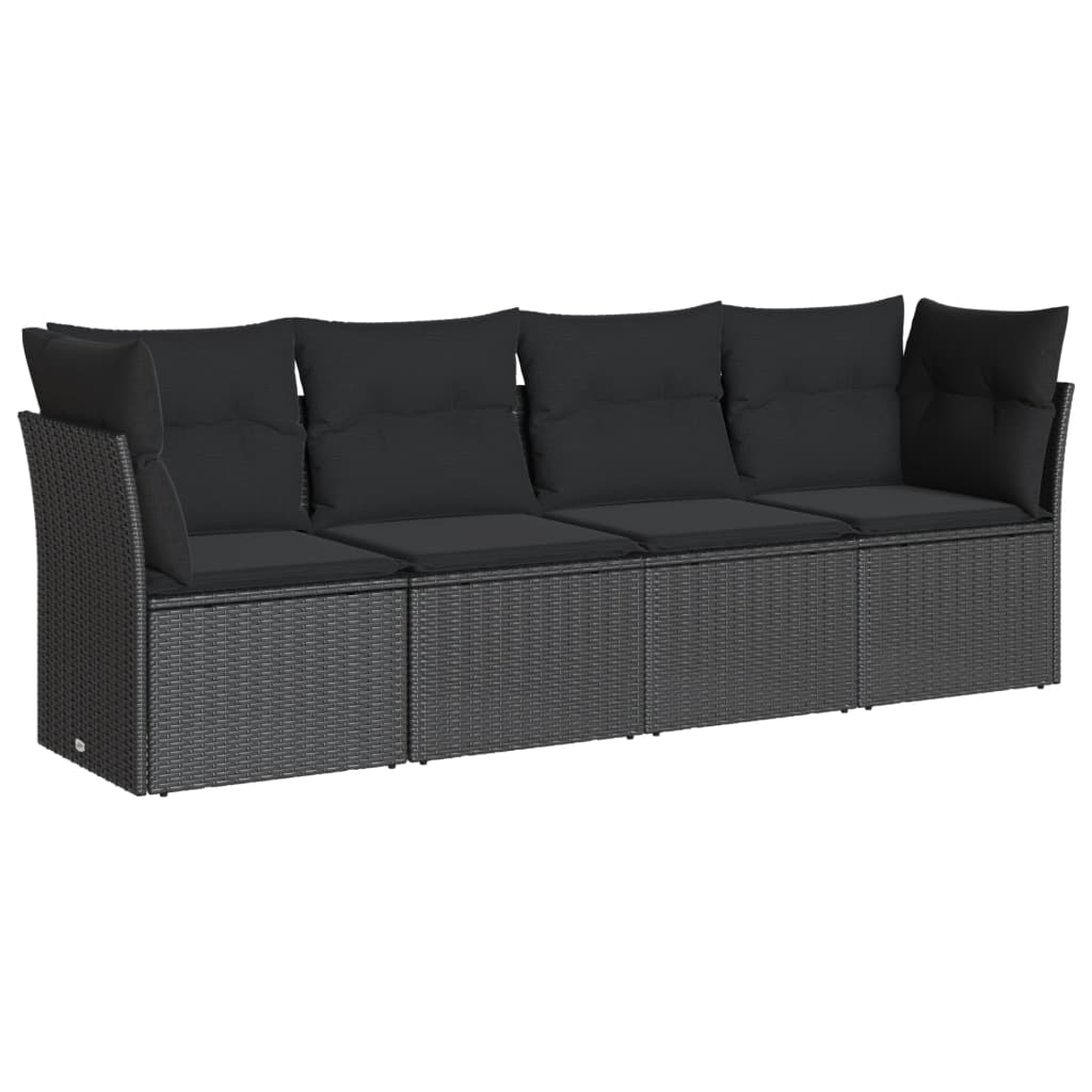 Salon de jardin 4 pcs avec coussins noir résine tressée