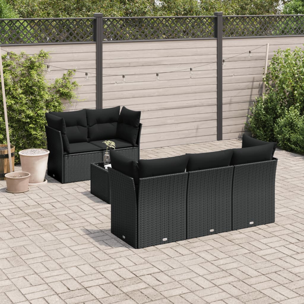 Salon de jardin 6 pcs avec coussins noir résine tressée