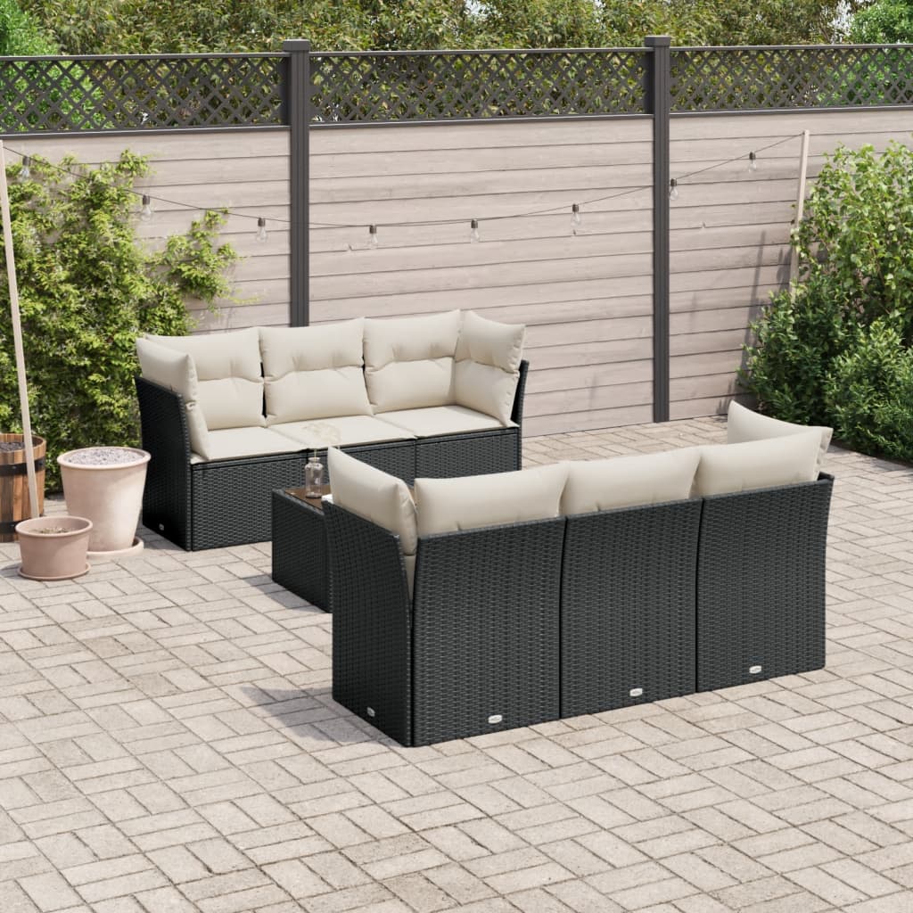 Salon de jardin 7 pcs avec coussins noir résine tressée