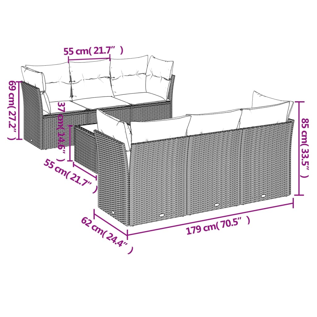 Salon de jardin avec coussins 7 pcs marron résine tressée