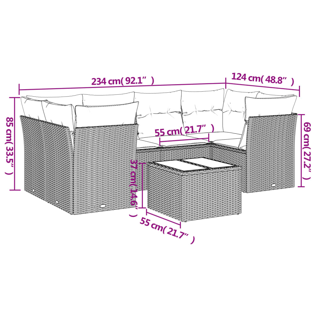 Salon de jardin avec coussins 7 pcs gris clair résine tressée