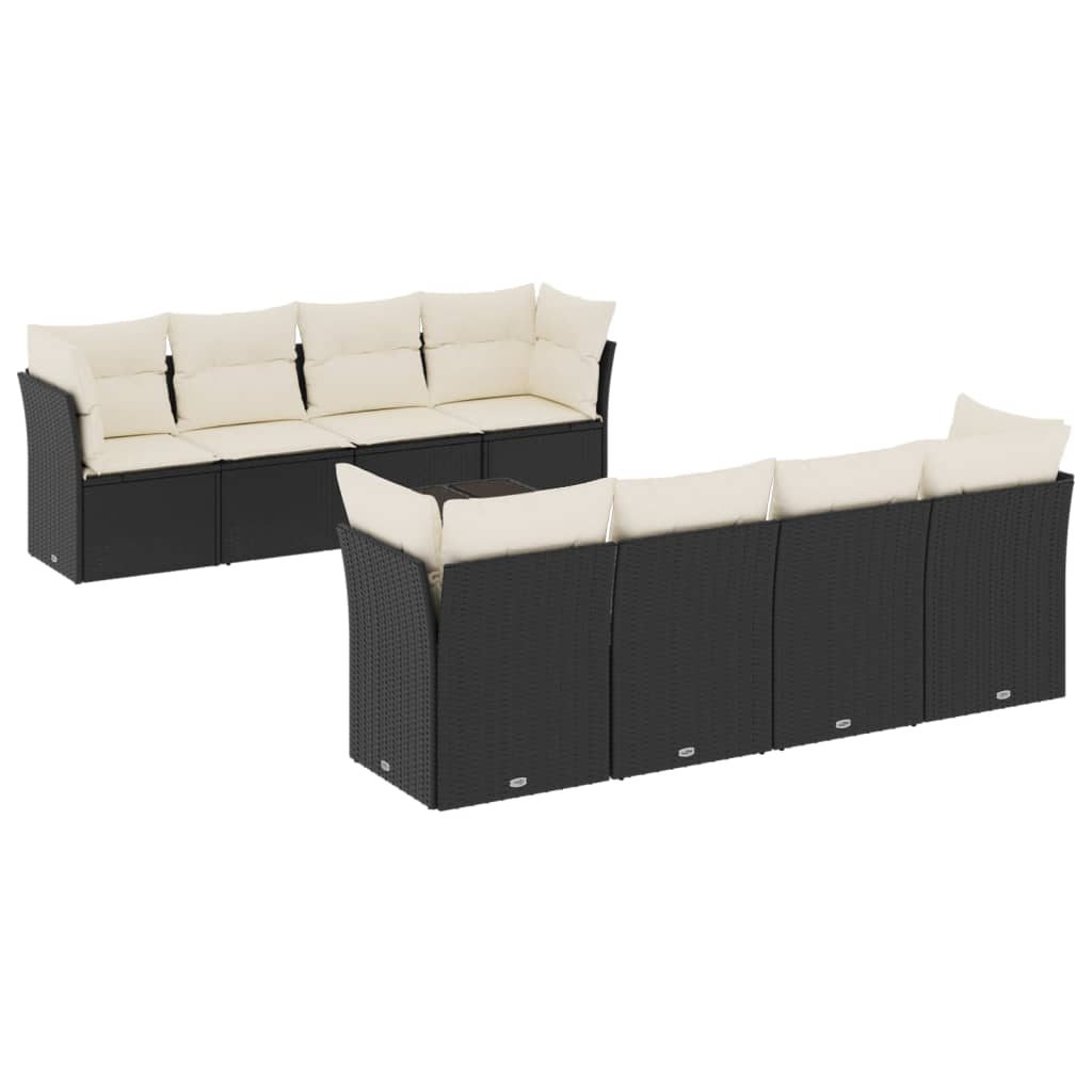 Salon de jardin 9 pcs avec coussins noir résine tressée