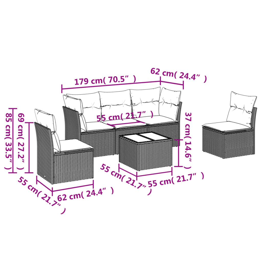 Salon de jardin avec coussins 6 pcs marron résine tressée