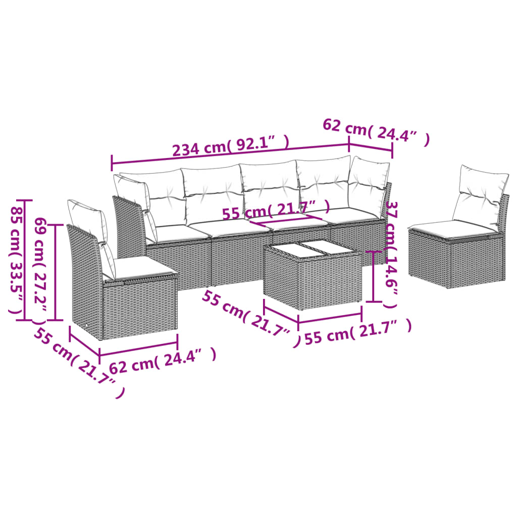 Salon de jardin avec coussins 7 pcs marron résine tressée