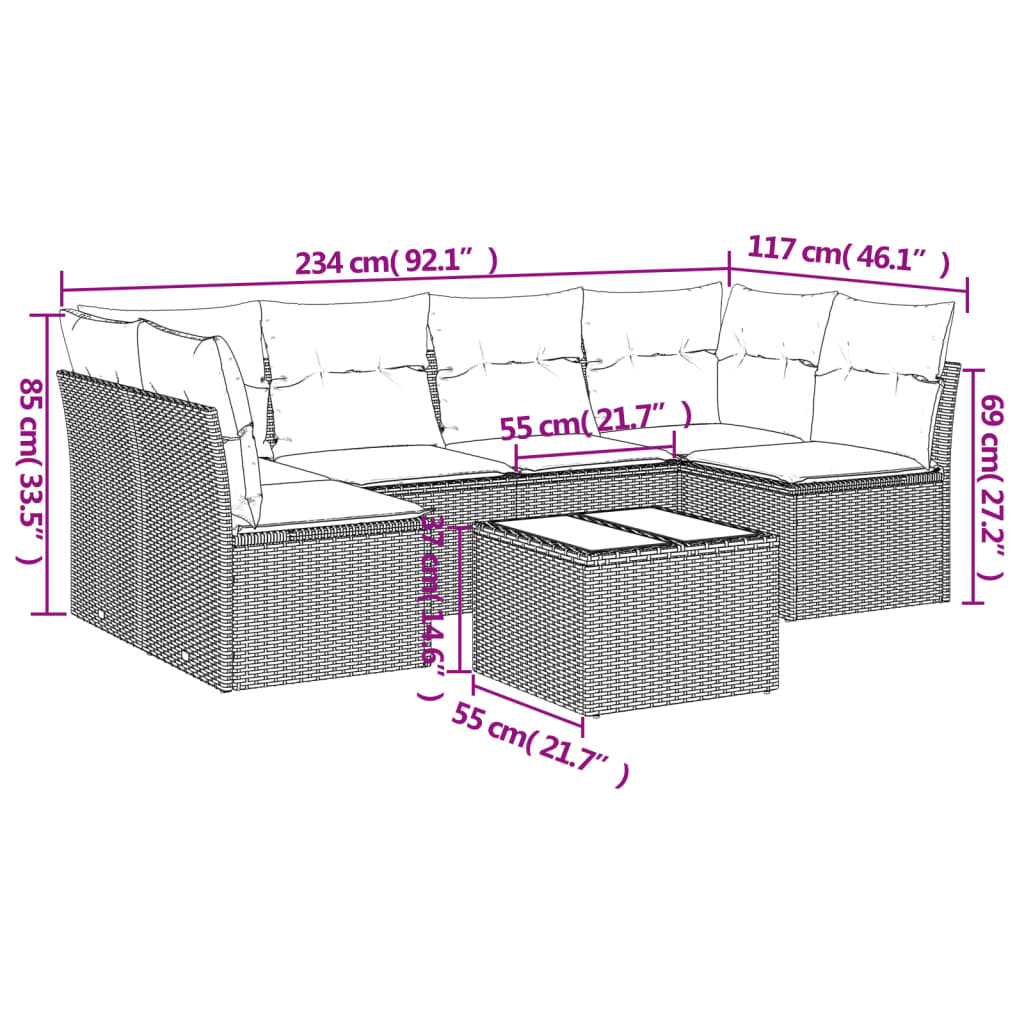 Salon de jardin avec coussins 7 pcs marron résine tressée