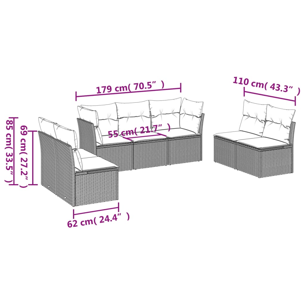 Salon de jardin avec coussins 7 pcs marron résine tressée